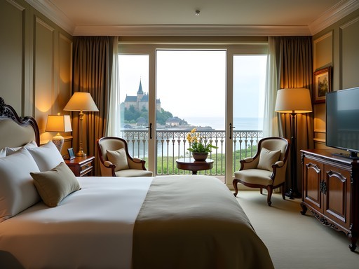 Luxury hotel suite interior with panoramic view of Mont-Saint-Michel bay