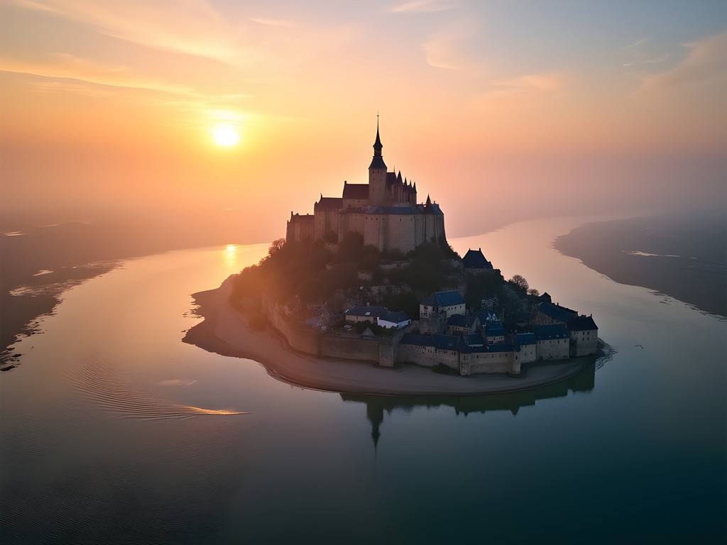 Aerial view of Mont-Saint-Michel island during sunrise with dramatic tides