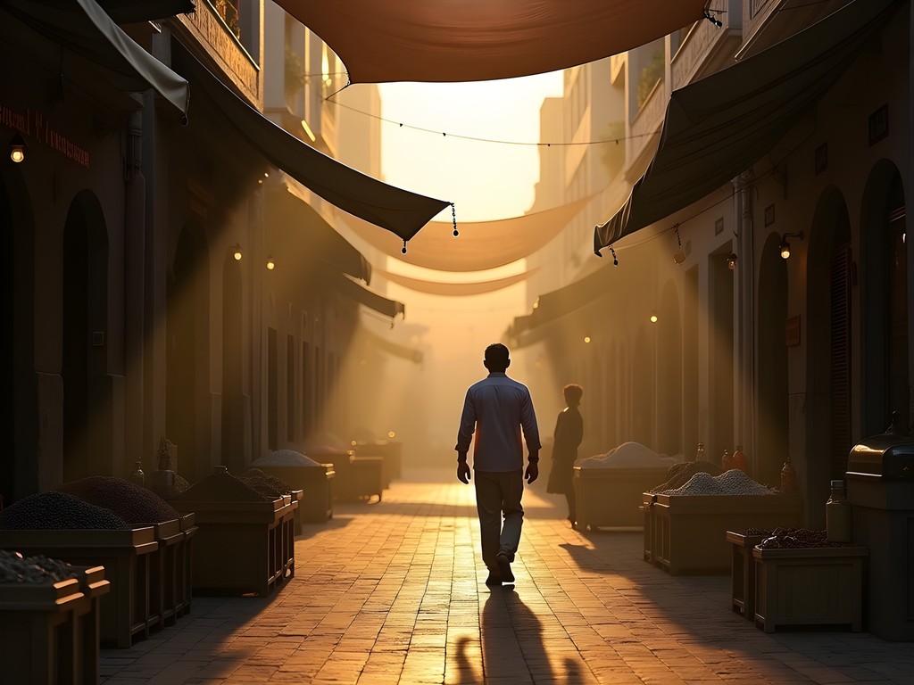Business traveler exploring the traditional Muharraq souq at dawn in Bahrain