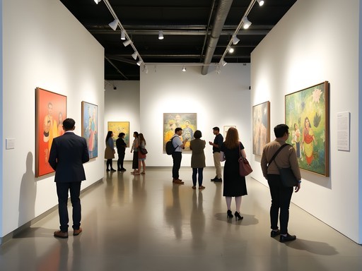Contemporary art gallery in Mumbai's Kala Ghoda district with business travelers viewing exhibits