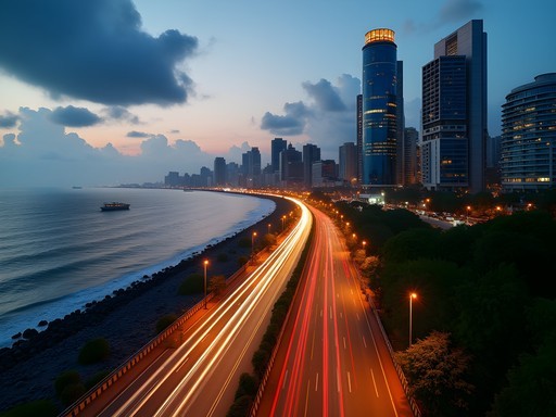 Mumbai's Marine Drive and business district skyline with busy traffic below
