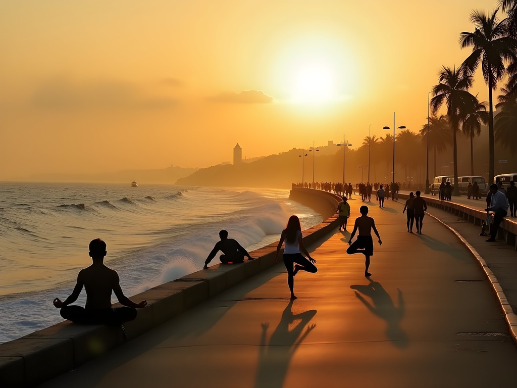 Peaceful early morning scene at Marine Drive in Mumbai with locals exercising
