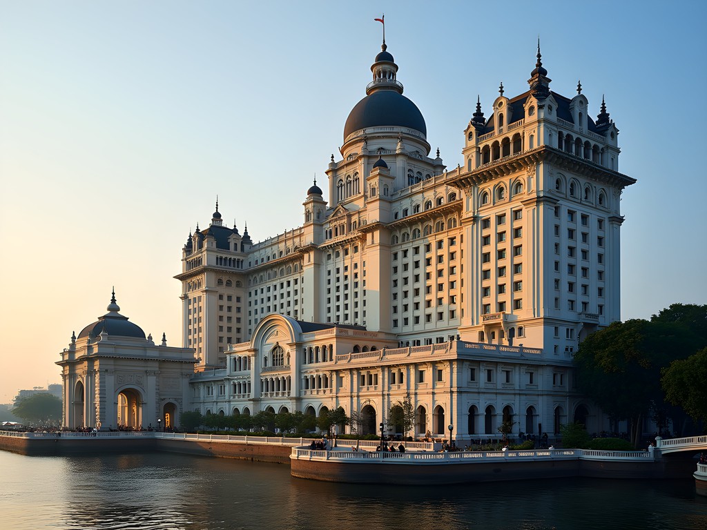 The iconic Taj Mahal Palace Hotel in Mumbai with Gateway of India nearby