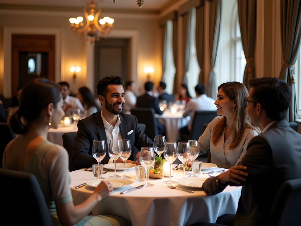 Elegant business dinner in heritage hotel restaurant in Mumbai