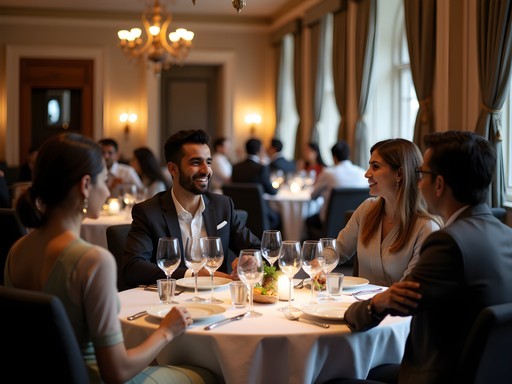 Elegant business dinner in heritage hotel restaurant in Mumbai