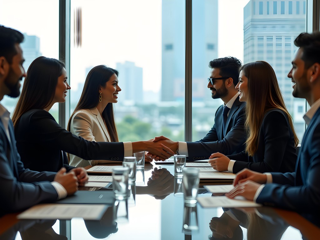 Professional business meeting in Mumbai office with diverse participants exchanging business cards