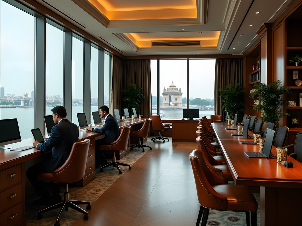 Elegant business center in luxury Mumbai hotel with harbor view