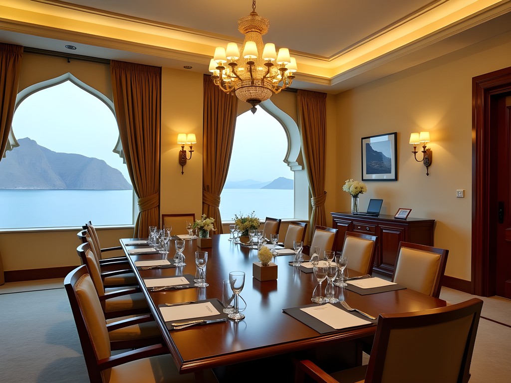 Elegant meeting room at Al Bustan Palace with traditional Omani architectural elements