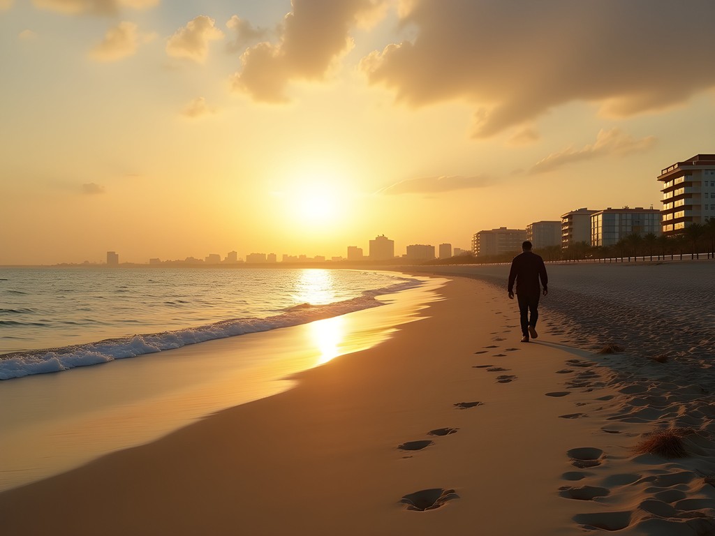 Business traveler taking early morning walk on Qurum Beach in Muscat