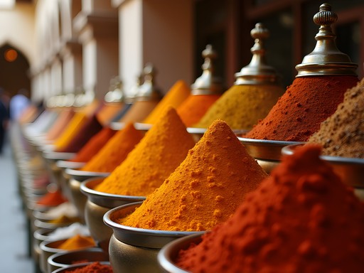 Colorful spice displays at Mutrah Souq traditional market in Muscat