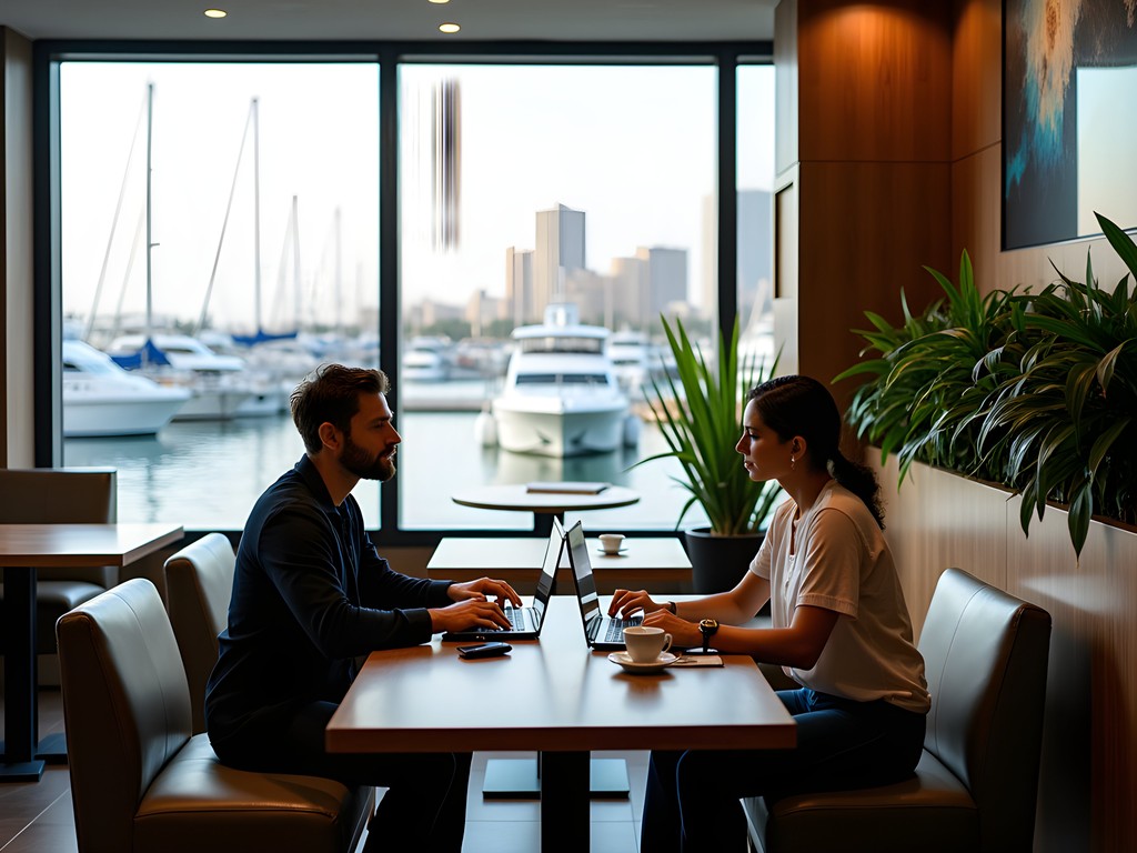Business professional working at Niche Café in Al Mouj Marina with laptop and coffee