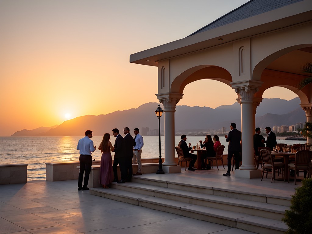 Business professionals networking at Al Bustan Palace Beach Pavilion during sunset in Muscat