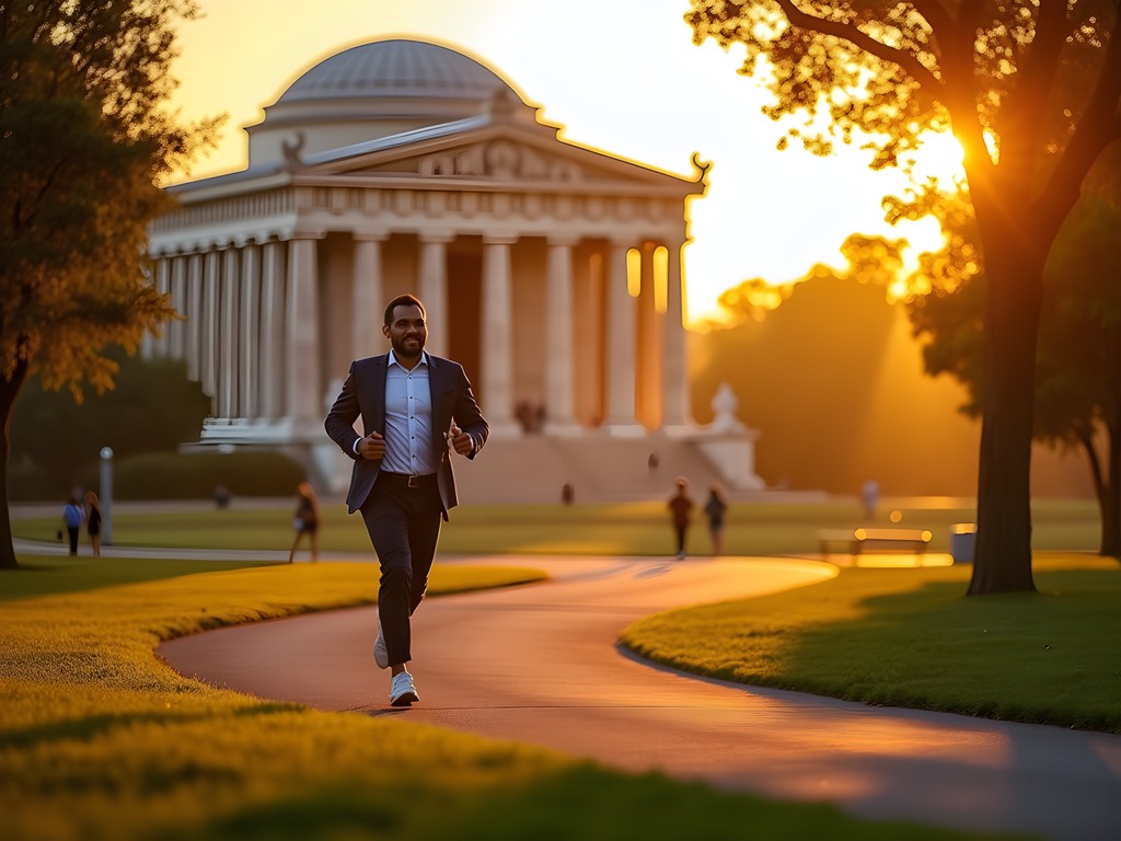 Business traveler morning exercise routine in Nashville's Centennial Park