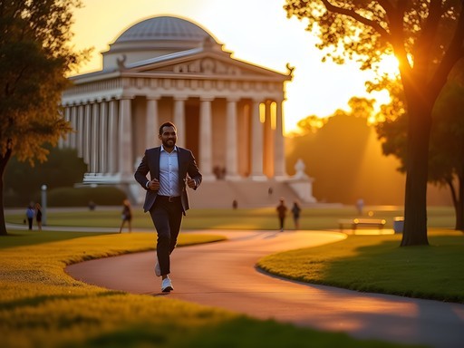 Business traveler morning exercise routine in Nashville's Centennial Park