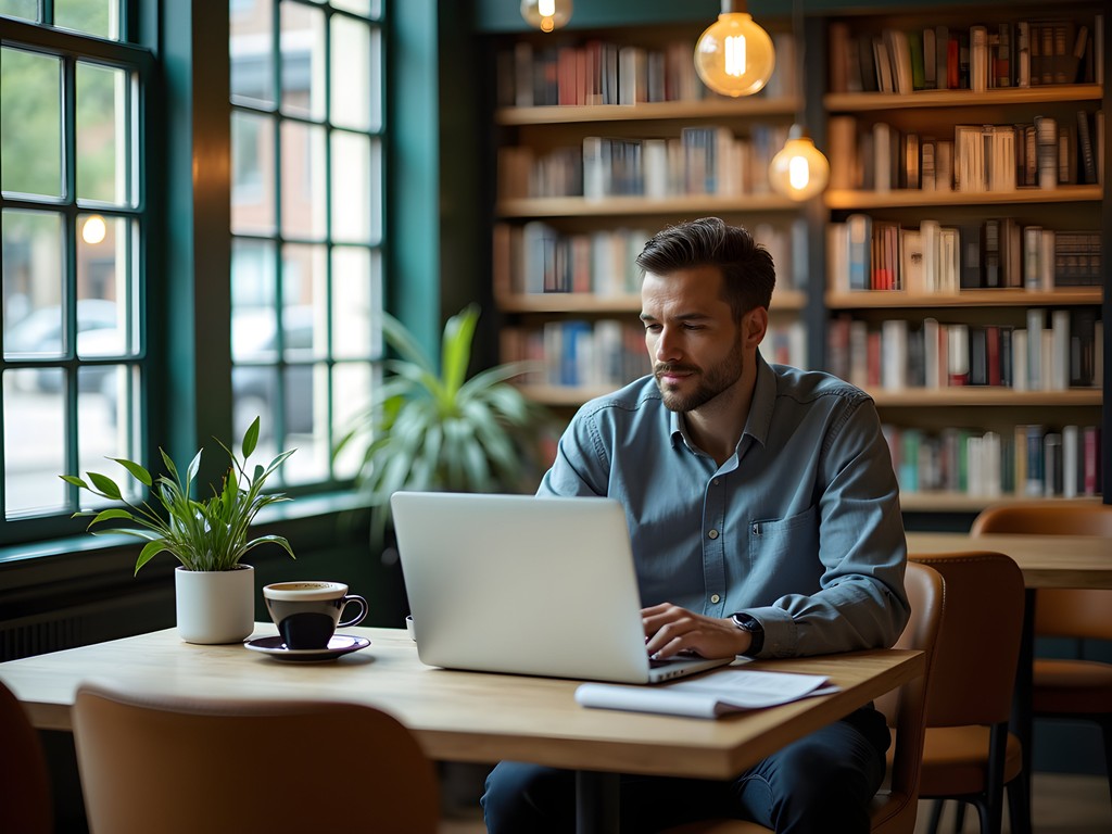 Business traveler working productively in Nashville bookstore workspace