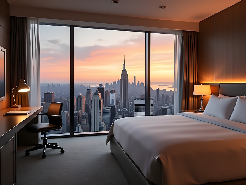 Luxury hotel room with panoramic Manhattan skyline view at sunset
