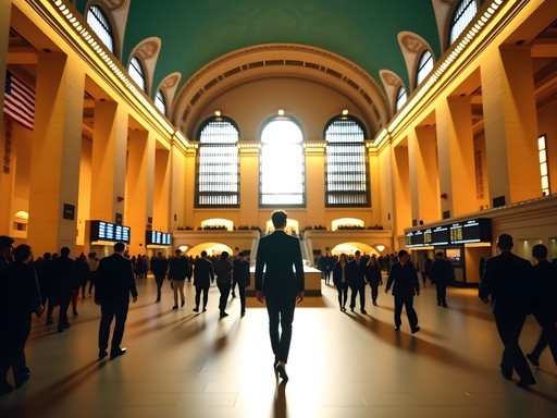 Business traveler demonstrating situational awareness in busy Grand Central Terminal