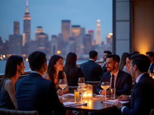 Business professionals networking at an elegant NYC rooftop bar with skyline views