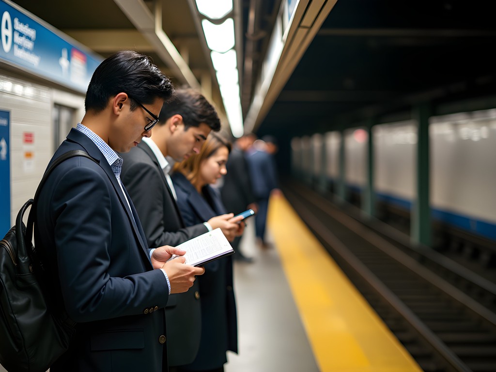 Business professional navigating NYC subway system with confidence