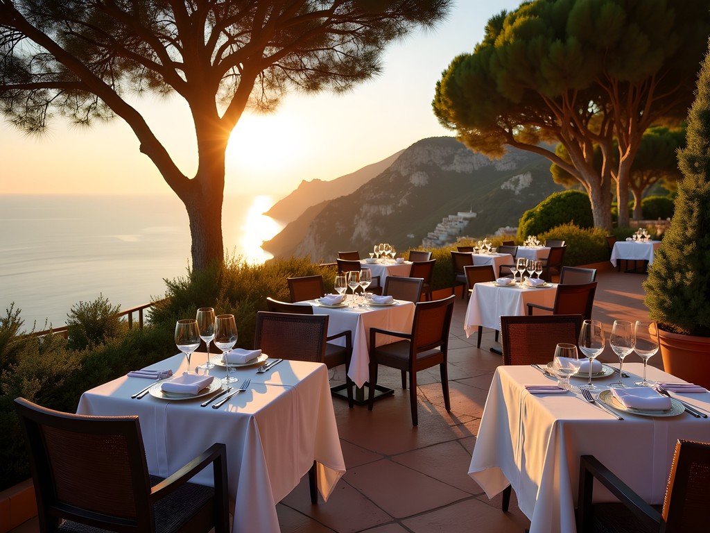 Elegant business dinner setting at Château Eza overlooking Mediterranean sunset