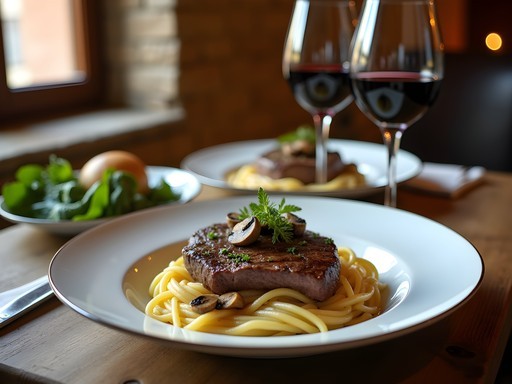 Traditional Tuscan meal with local wines in historic Siena restaurant
