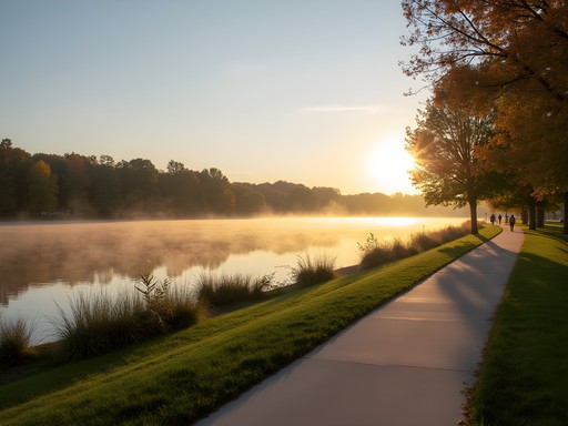 Early morning at Skyview Lake Park in Norfolk with walking path and lake view