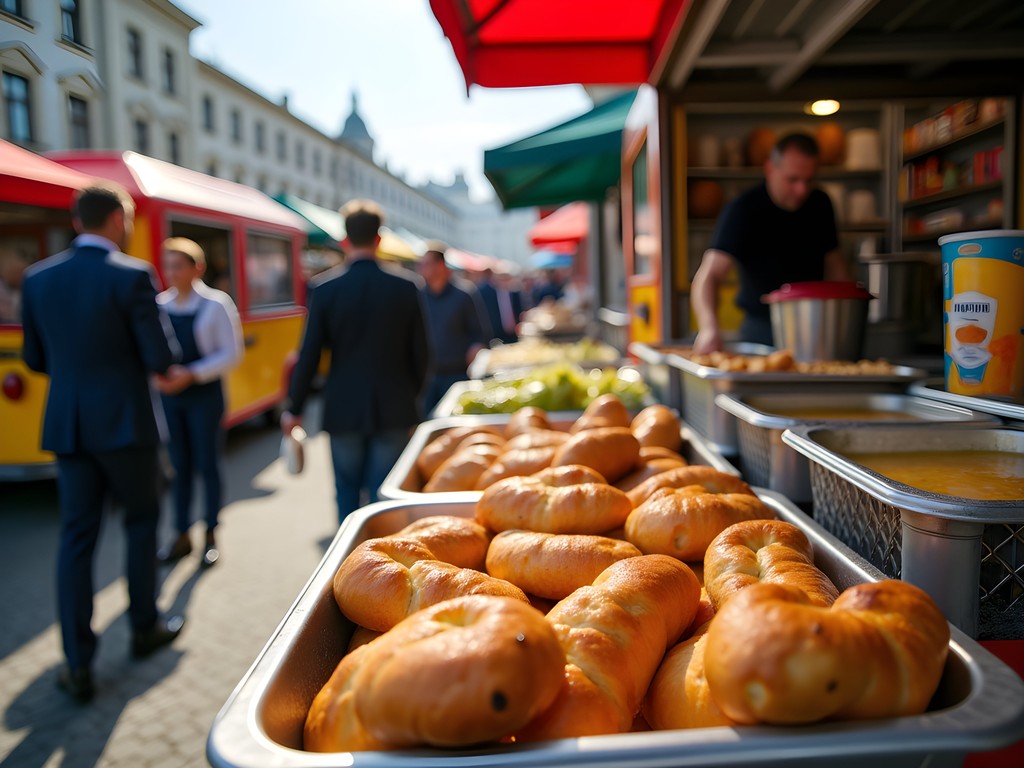 Colorful food trucks and vendors near Privoz Market in Odessa serving traditional Ukrainian street food