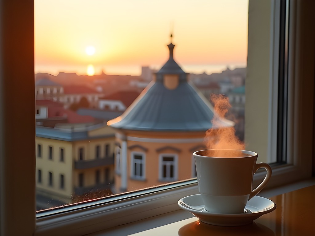 Sunrise view from a hotel balcony overlooking Odessa's historic rooftops toward the Black Sea