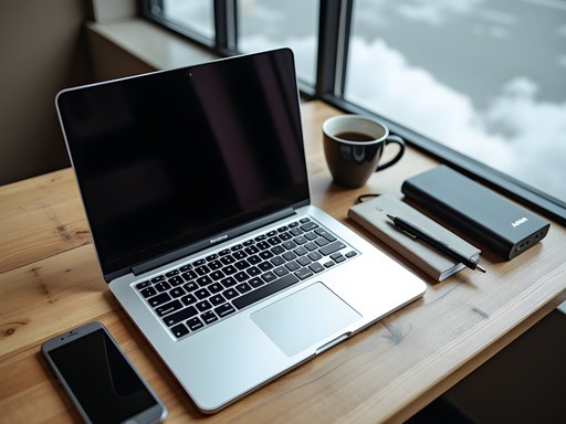 Professional business setup with laptop, mobile hotspot, and power bank in an O'Fallon café