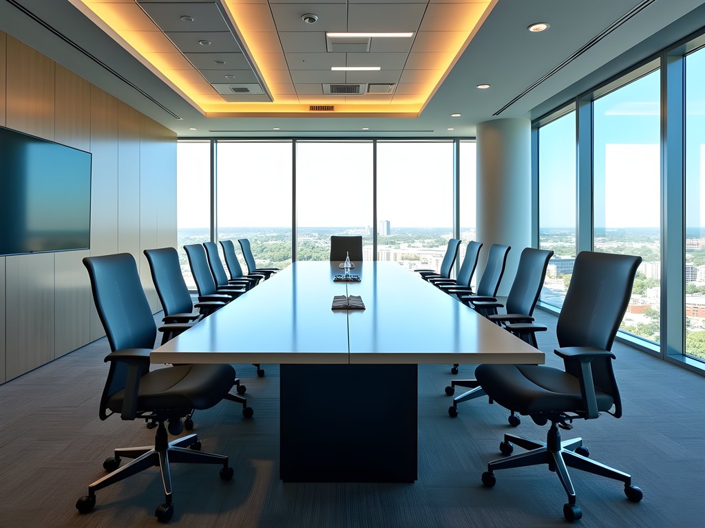Professional meeting room in Devon Energy Center with panoramic Oklahoma City skyline views