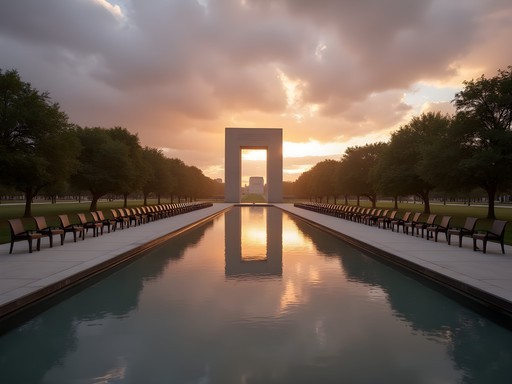 Oklahoma City National Memorial reflecting pool at dawn with empty chairs and Gates of Time