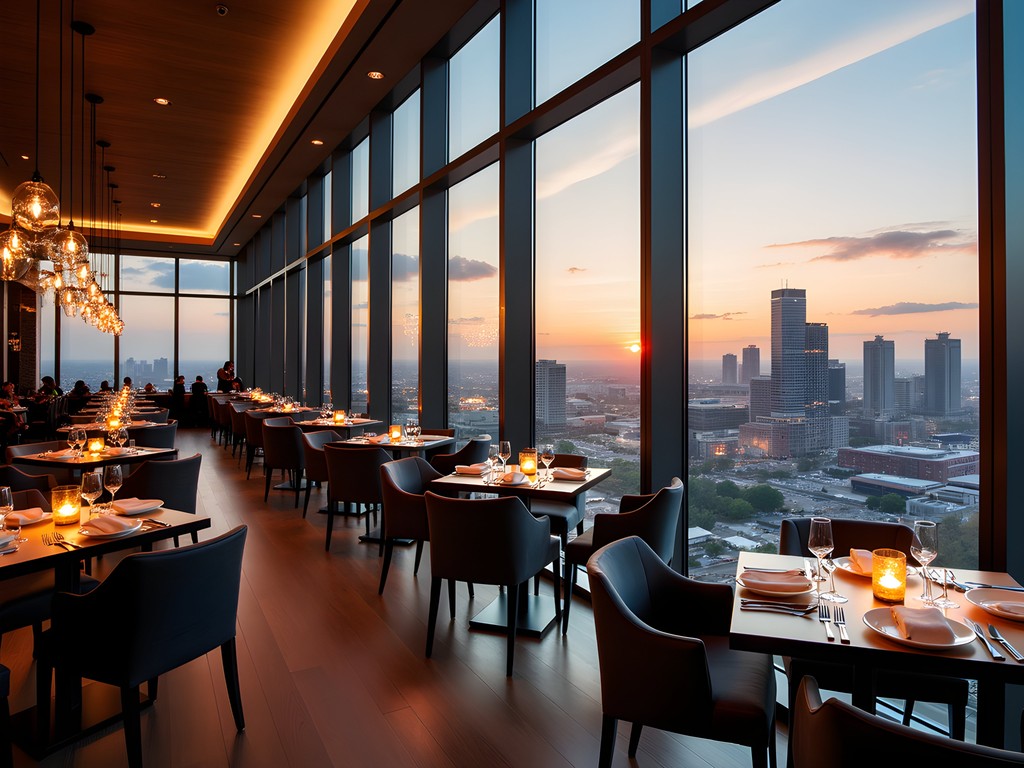 Vast restaurant on top of Devon Energy Tower with panoramic Oklahoma City skyline views at sunset