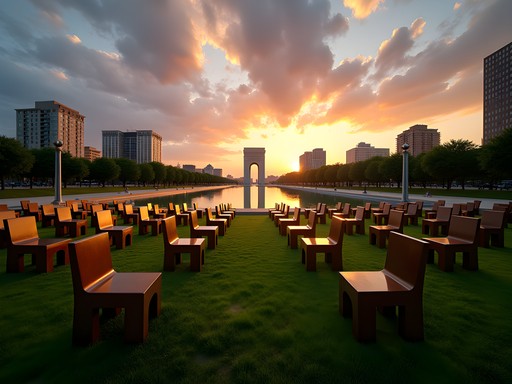Oklahoma City National Memorial empty chairs reflecting pool at sunset