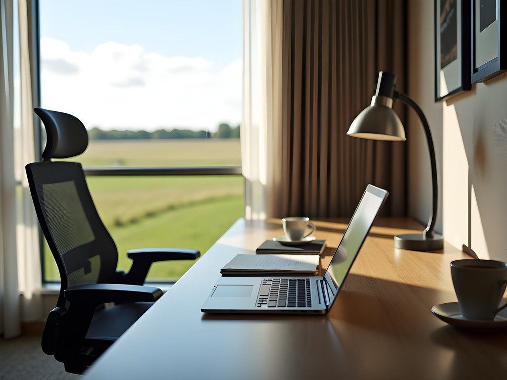 Modern hotel room workspace with desk and ergonomic chair in Olathe Kansas