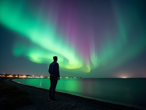 Business traveler viewing Northern Lights over Oulu coastline