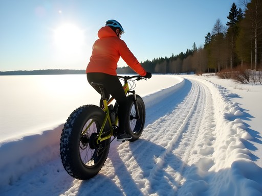 Business traveler on fatbike cycling across frozen sea route in Oulu