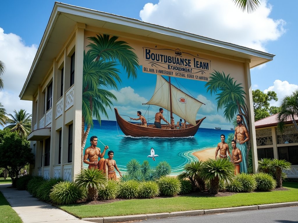 Colorful historical mural on government building in Palikir depicting Micronesian history