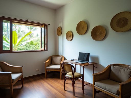 Simple but functional apartment workspace setup in Palikir with local decor elements