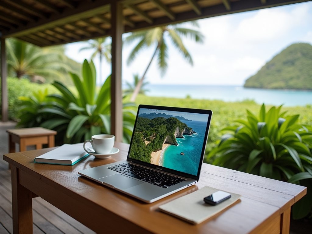 Remote work setup overlooking tropical landscape in Palikir, Micronesia