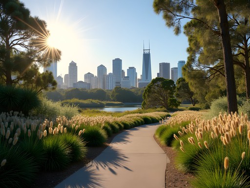 Business professional taking a break in Kings Park with Perth skyline view