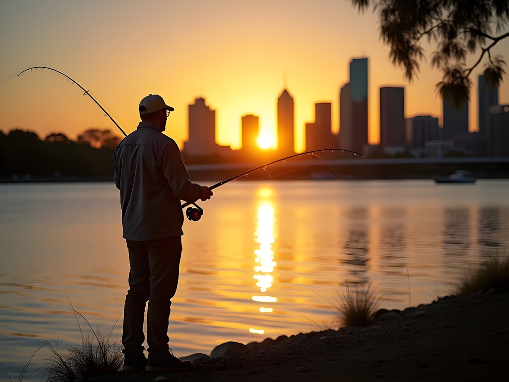 Fishing at sunset on Swan River with Perth skyline background