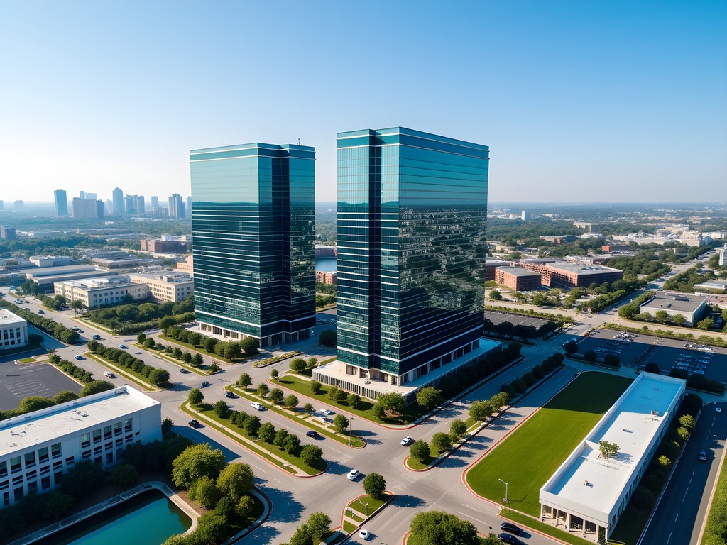Aerial view of Plano's corporate district with modern office buildings