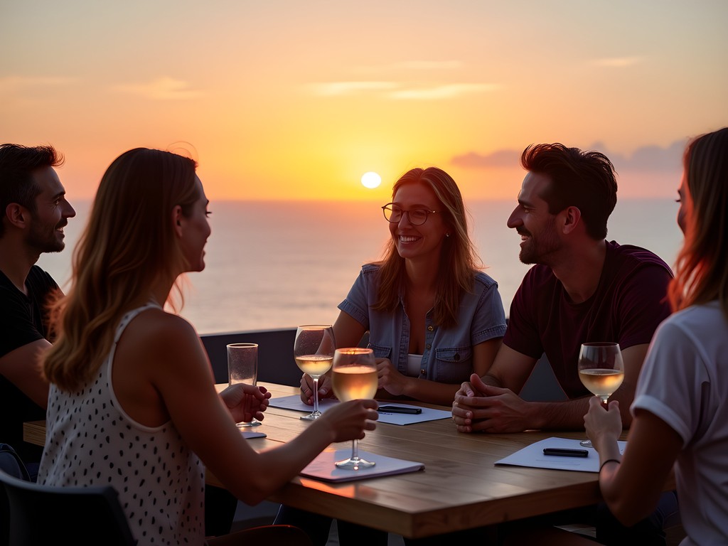 Digital nomads networking during sunset gathering in Ponta do Sol