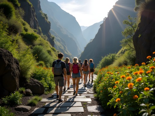 Group of digital nomads hiking Madeira's levada trails