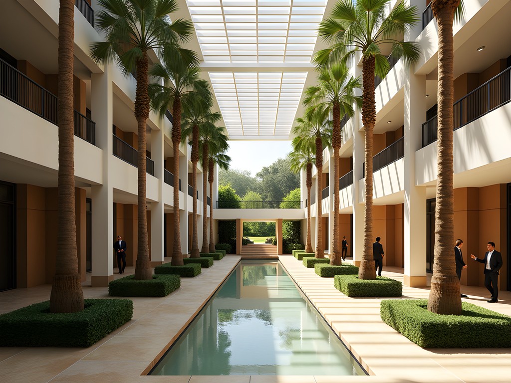 Upscale business hotel in Port-Gentil with modern architecture and palm trees