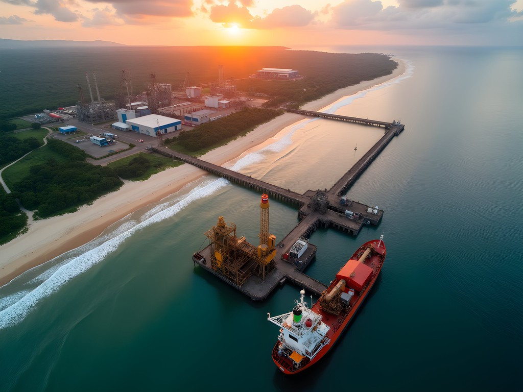 Aerial view of Port-Gentil showing industrial facilities alongside the Atlantic coastline