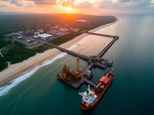 Aerial view of Port-Gentil showing industrial facilities alongside the Atlantic coastline