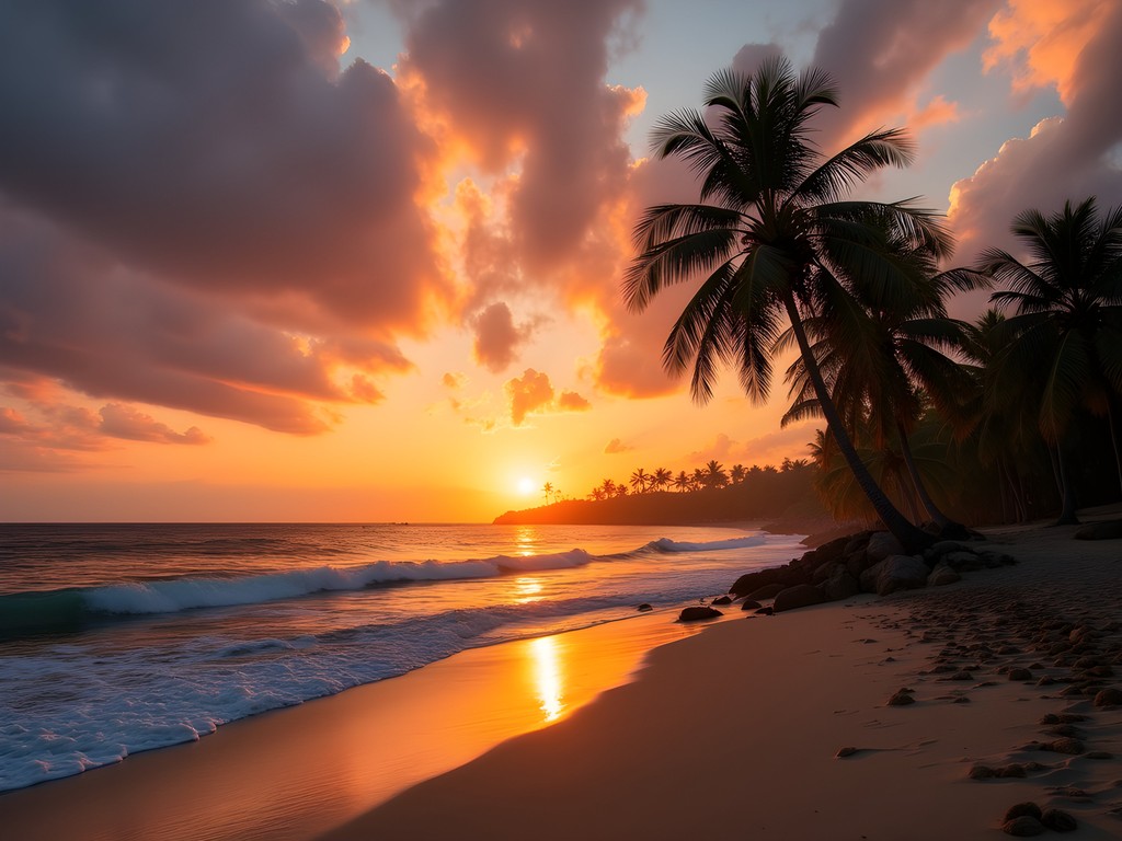 Stunning sunset over beach near Port-Gentil with palm trees silhouetted against orange sky
