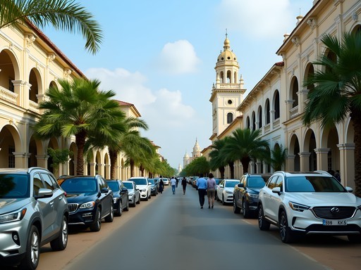 Business district street scene in Port-Gentil showing transportation options and architecture
