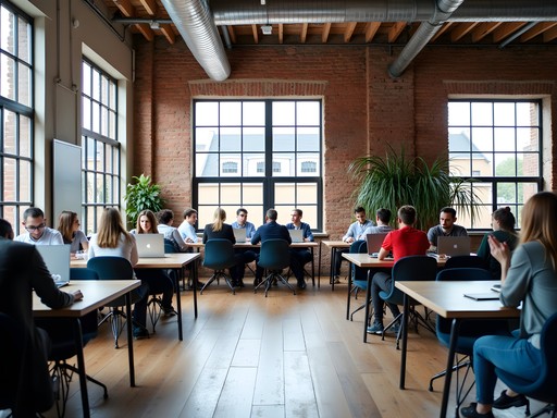 Modern coworking space in Concordia Design Poznan with business professionals working
